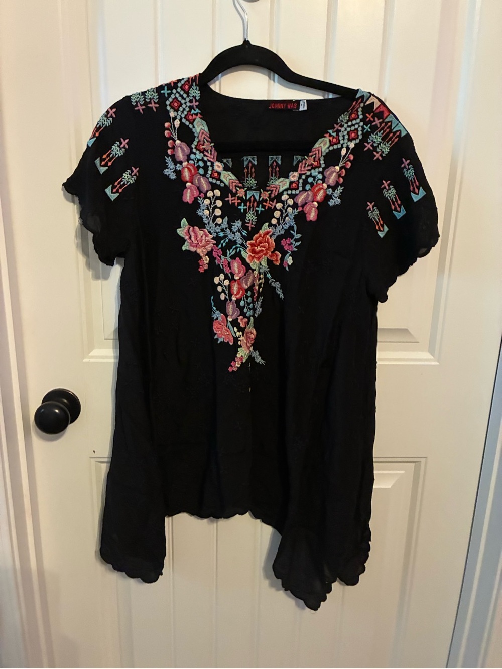 Johnny Was Black Floral Embroidered V-Neck Tunic with Pink & Teal Detailing